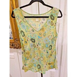 Sigrid Olsen Chiffon Floral Sleeveless Tunic Tank Top Green Blue Flowing Size L